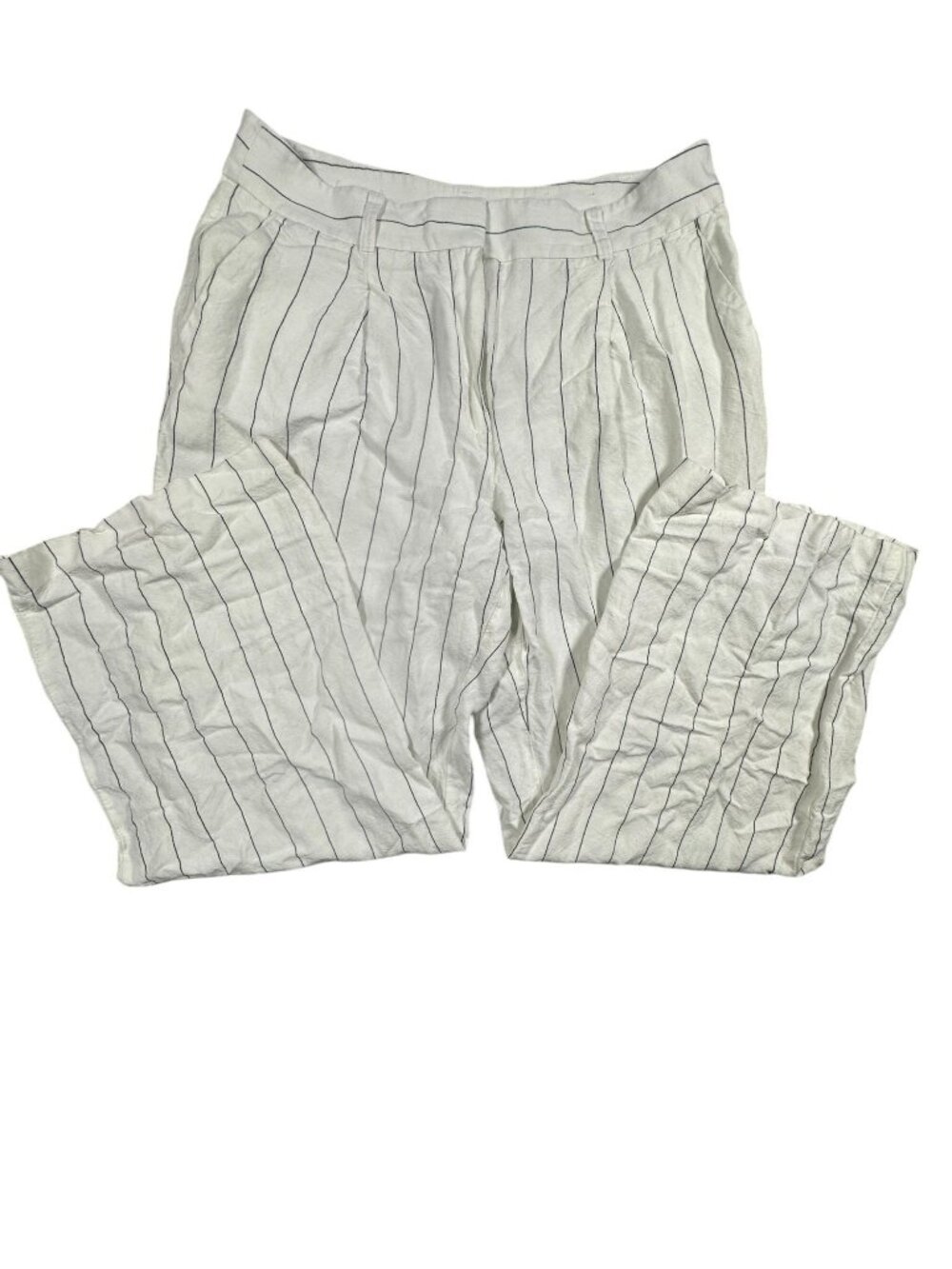 Loft Womens High-Rise Striped Wide-Leg Trousers 10 White Gray Linen Casual Offic - Picture 2 of 9